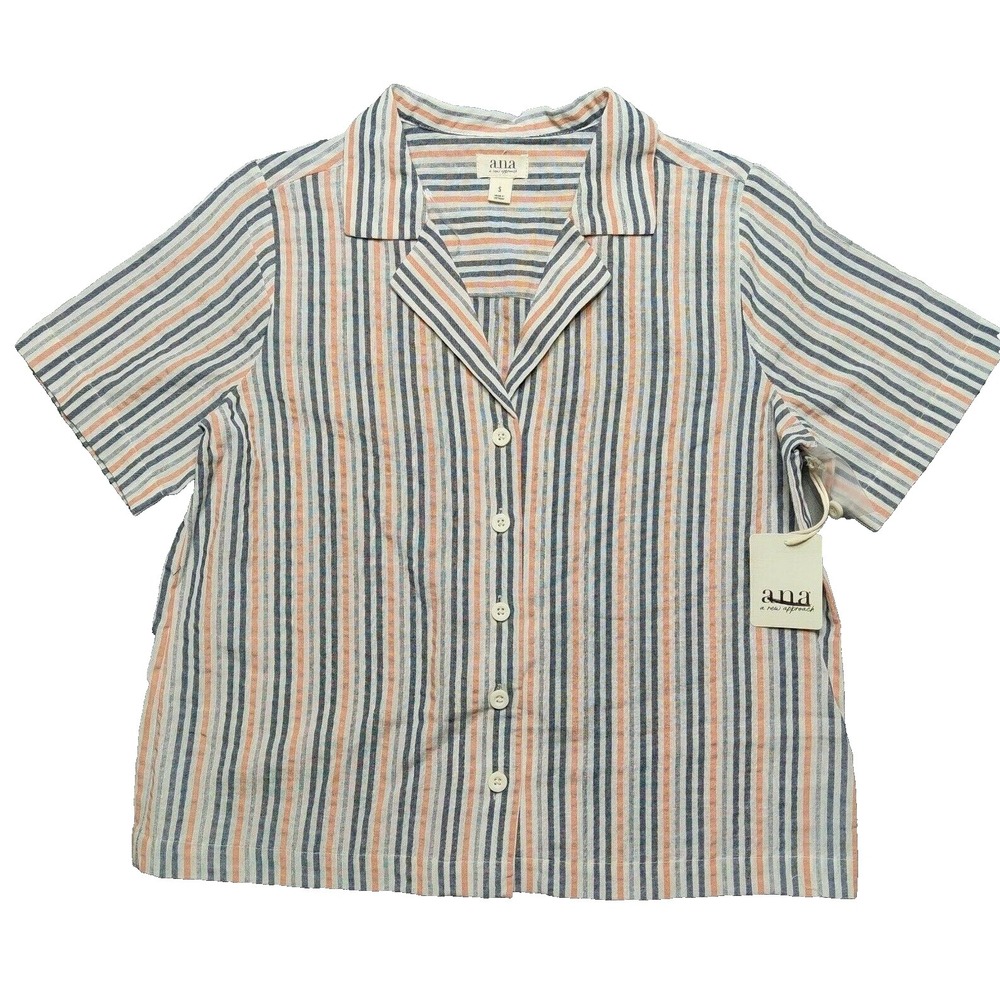 a.n.a Women Small Multi Stripe Button Up Short Sleeve Cotton Rayon Blend Top NEW